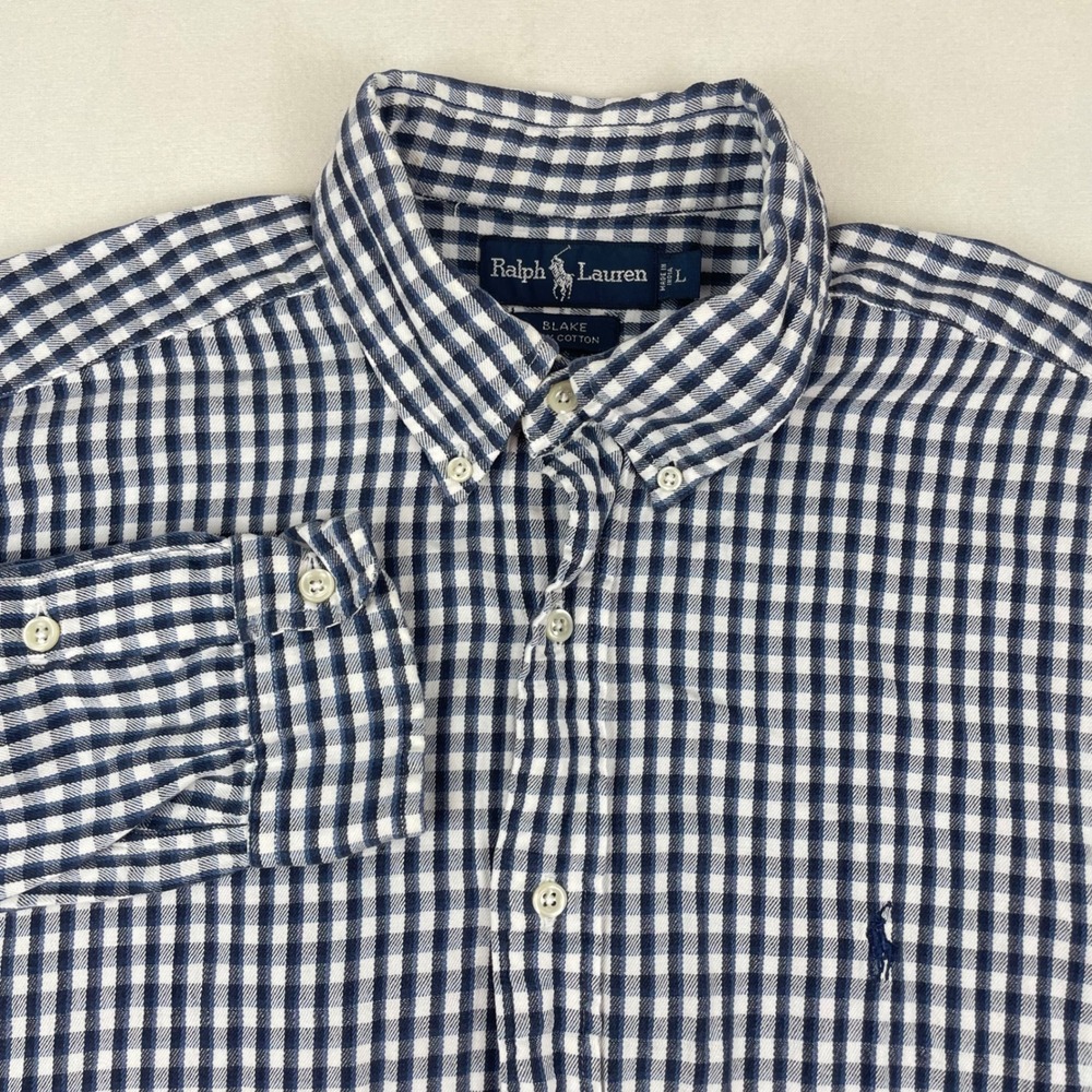 Ralph Lauren Blake Mens Large Blue White Gingham Cotton Button Down Shirt L
